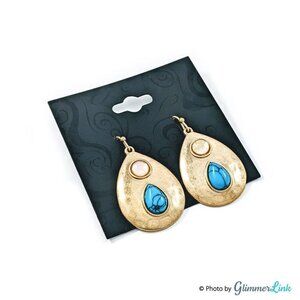 NWT Gold Tone Hammered Metal Teardrop Faux Turquoise Drop Earrings